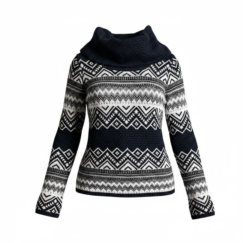 Coldwater Creek Fair Isle Cowl Neck Sweater‎ Navy Blue Wool Alpaca Blend S8